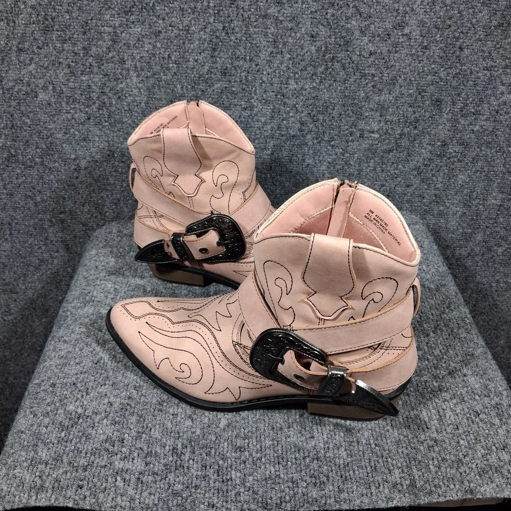 Esprit Womens Blush Pink Western Ankle Boots Embroidered Buckle Harness Size 9M